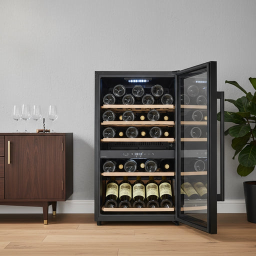 Cavecool Raw Citrine Special Edition 49 bottle dual zone wine cooler, interior shelving view