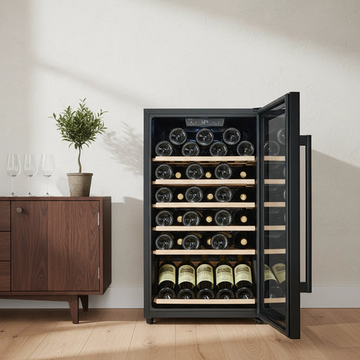 Cavecool Raw Citrine Special Edition 56 bottle single zone wine cooler, interior shelving view