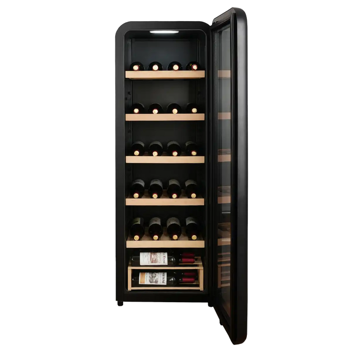 Cavecool Retro Basalt 51 bottle wine cooler, half-open door view