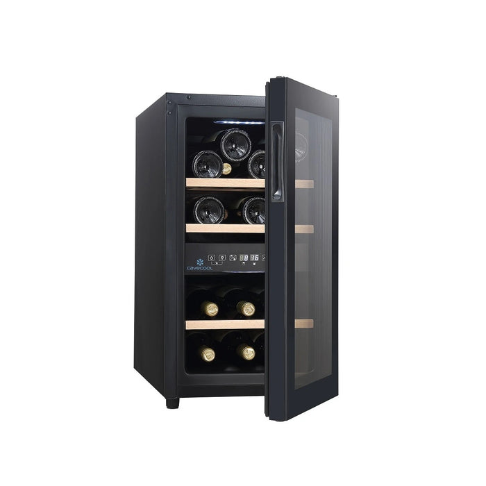 Cavecool Joy Azurite 16 bottle dual zone wine cooler, open door view