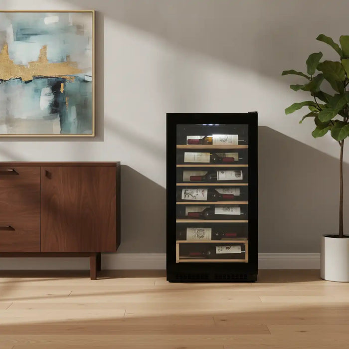 Cavecool Joy Opalite 17 bottle single zone wine cooler, three-quarter view