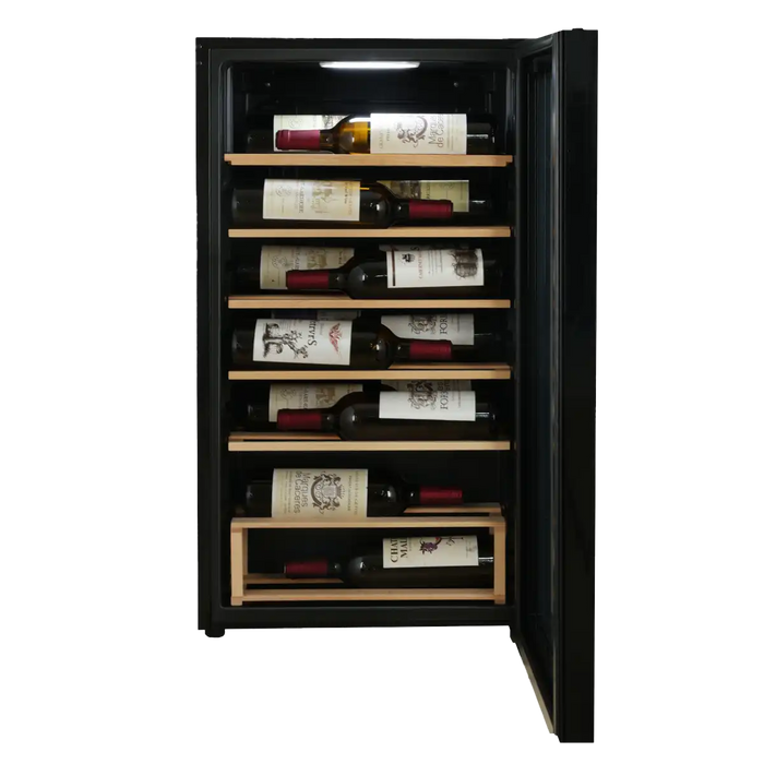 Cavecool Joy Opalite 17 bottle single zone wine cooler, interior shelving view