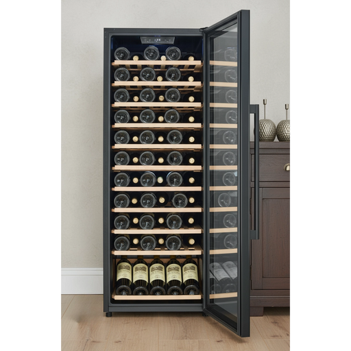 Cavecool Raw Zircon Special Edition 84 bottle single zone wine cooler, interior shelving view