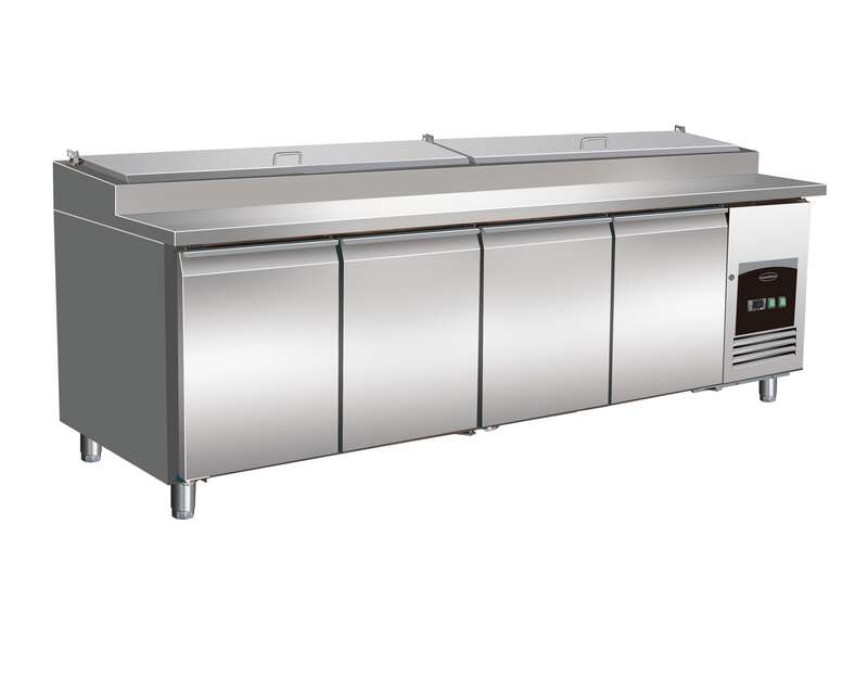 Stainless steel four door saladette prep counter with digital display