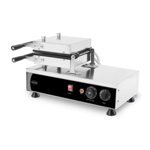 Stainless steel rotating waffle iron with dual cast aluminium plates and control knob