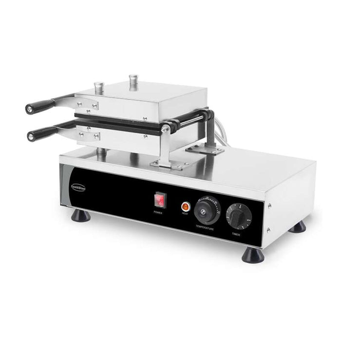 Stainless steel rotating waffle iron with dual cast aluminium plates and control knob