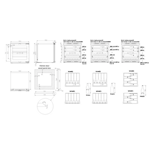 Pevino Imperial 23 bottle dual zone kitchen door wine cooler, interior shelving view