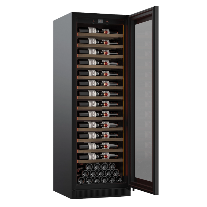 Pevino Majestic wine cooler, 119 bottles, single zone, black glass front