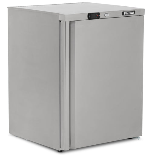 Blizzard 145L stainless steel under counter refrigerator UCR140, angled front view