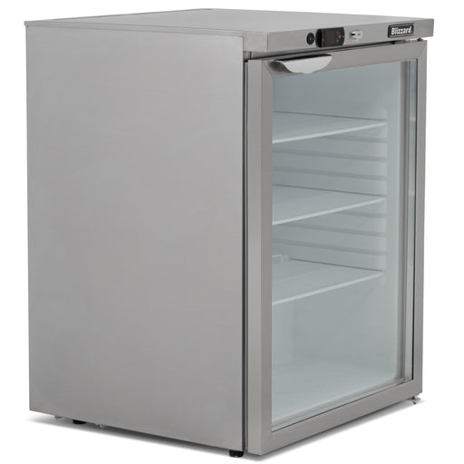 Blizzard 145L stainless steel glass door under counter refrigerator UCR140CR, angled front view